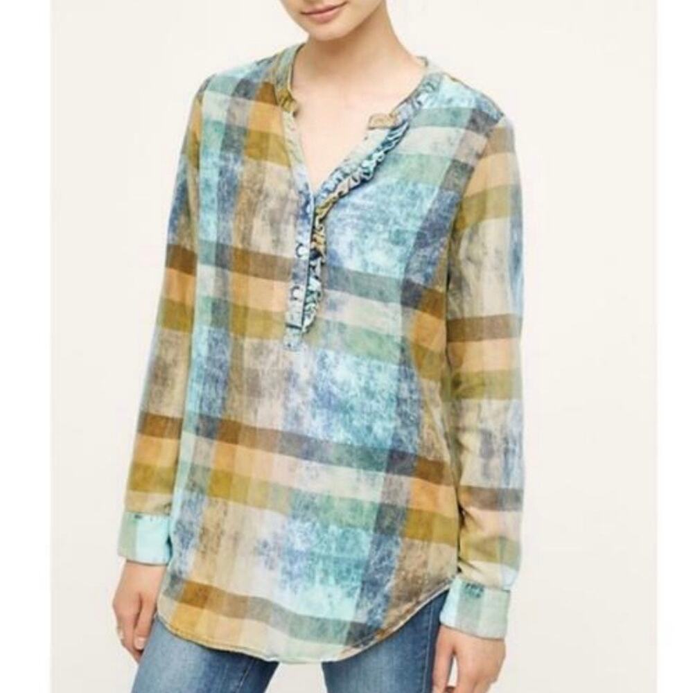 Anthropologie Isabella Sinclair Ruffled Plaid Tunic Size Medium